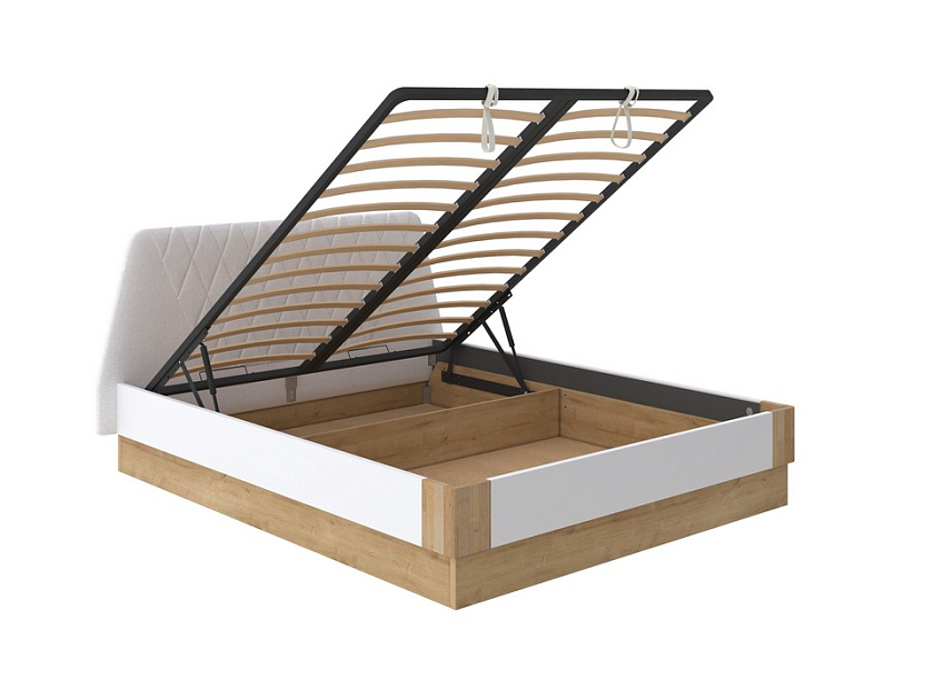 Кровать Lagom Hill Chips с подъемным механизмом 160x200 ЛДСП+ткань Beatto Пастила/ЛДСП Белый Жемчуг/Масло-воск Natura (Береза) - Кровать со встроенным основанием. 