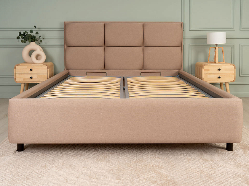Кровать Malina 160x190 Ткань: Рогожка Тетра Бежевый - Изящная кровать без встроенного основания из массива сосны с мягкими элементами.