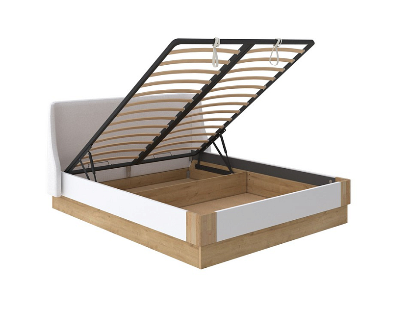 Кровать Lagom Side Chips с подъемным механизмом 160x200 ЛДСП+ткань Beatto Пастила/ЛДСП Белый Жемчуг/Масло-воск Natura (Береза) - Кровать со встроенным ПМ механизмом. 